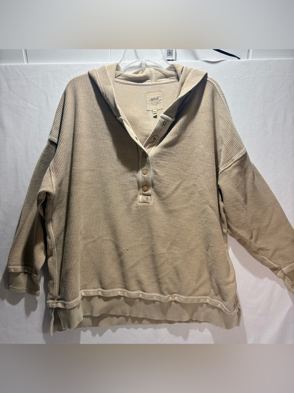 aerie Women's Beige Waffle Henley Hoodie Sweater
